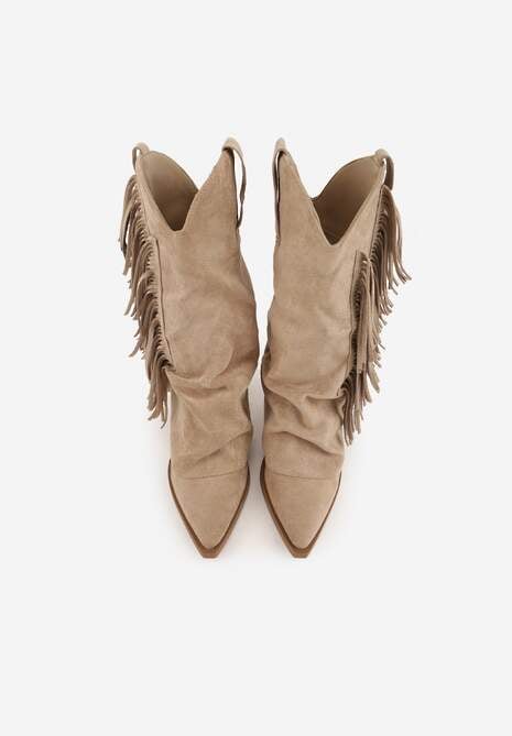 Ciemnobeżowe Botki Kowbojki na Słupku Ozdobione Frędzlami  i Wywiniętą Cholewką Aedime 6