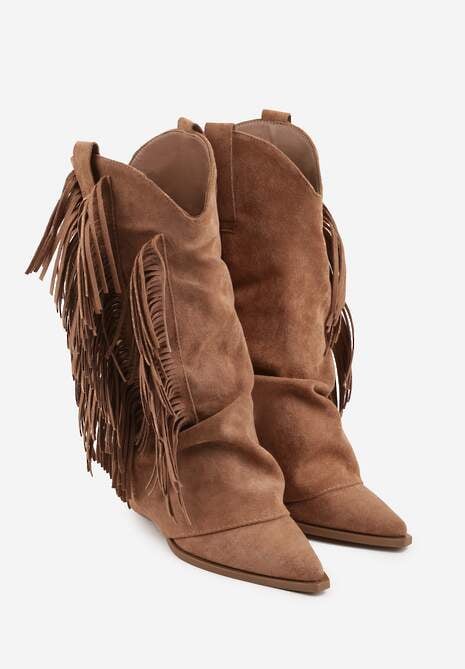 Brązowe Botki Kowbojki na Słupku Ozdobione Frędzlami  i Wywiniętą Cholewką Aedime 5