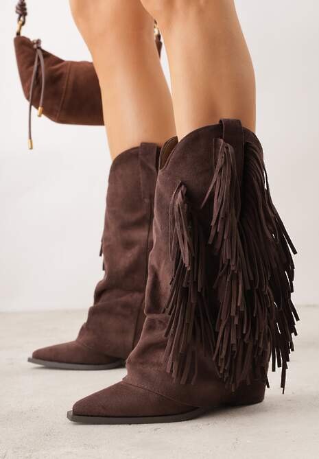 Brązowe Botki Kowbojki na Słupku Ozdobione Frędzlami  i Wywiniętą Cholewką Aedime