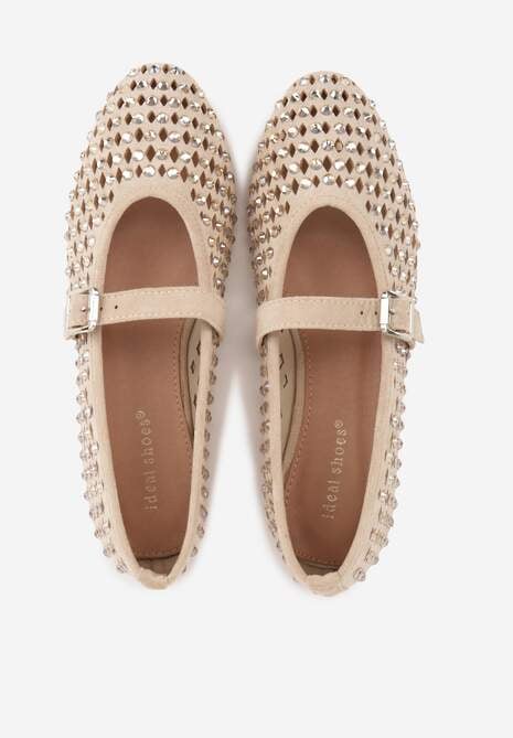 Ciemnobeżowe Balerinki w Stylu Mary Jane z Cyrkoniami i Ażurową Cholewką Lyphenne 6