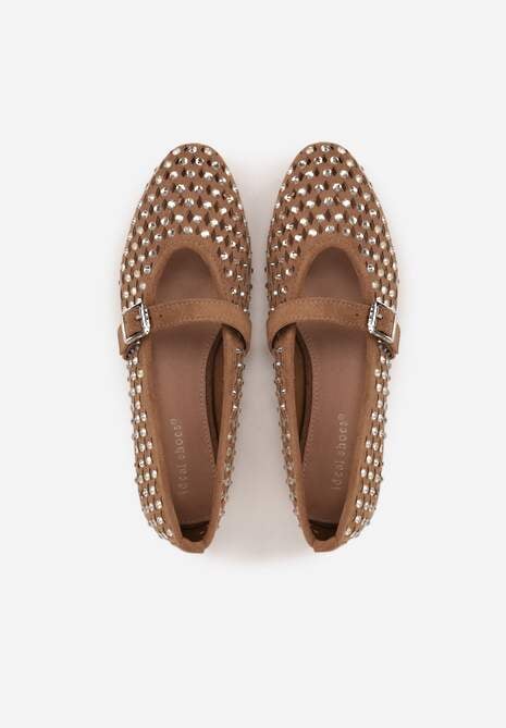 Brązowe Balerinki w Stylu Mary Jane z Cyrkoniami i Ażurową Cholewką Lyphenne 6