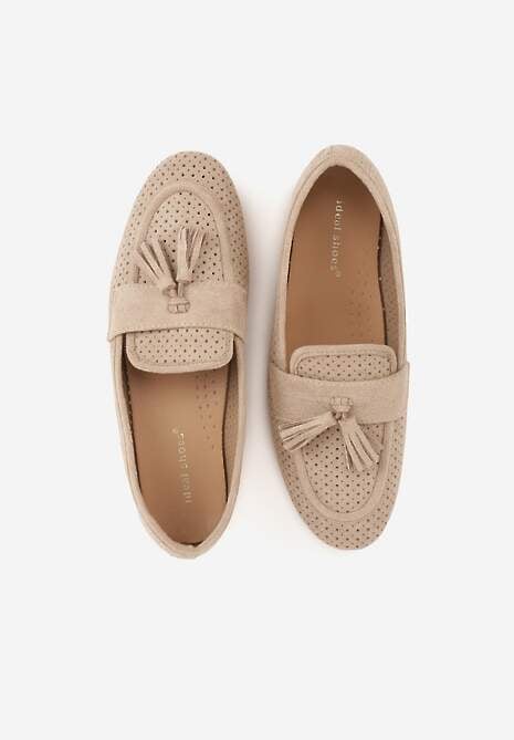 Beżowe Perforowane Mokasyny z Imitacji Zamszu Zdobione Frędzlami Vaeliane 6