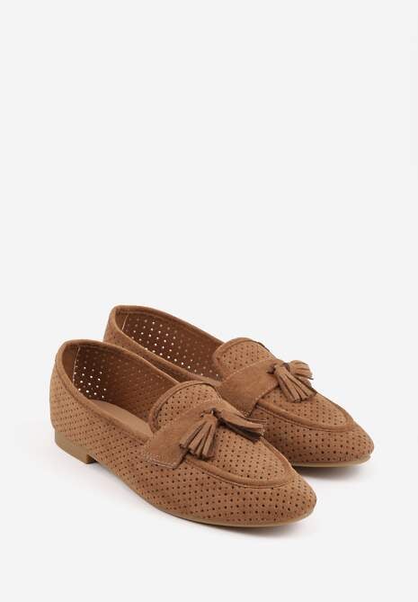 Jasnobrązowe Perforowane Mokasyny z Imitacji Zamszu Zdobione Frędzlami Vaeliane 5
