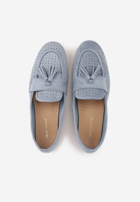 Niebieskie Perforowane Mokasyny z Imitacji Zamszu Zdobione Frędzlami Vaeliane 6