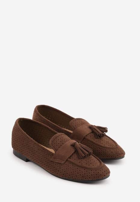 Brązowe Perforowane Mokasyny z Imitacji Zamszu Zdobione Frędzlami Vaeliane 5