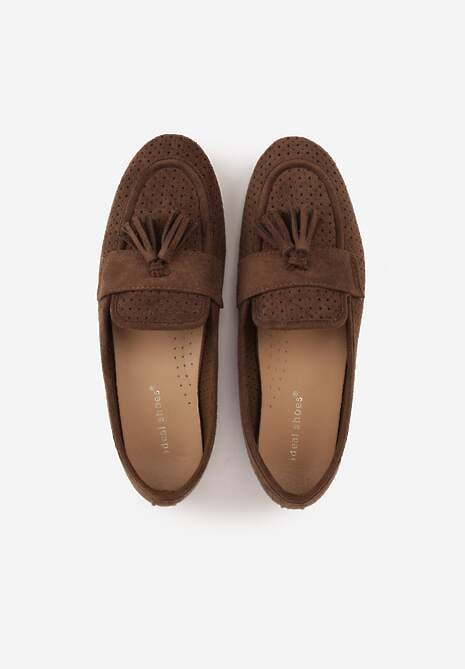 Brązowe Perforowane Mokasyny z Imitacji Zamszu Zdobione Frędzlami Vaeliane 6
