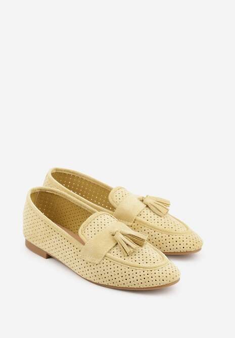 Żółte Perforowane Mokasyny z Imitacji Zamszu Zdobione Frędzlami Vaeliane 5