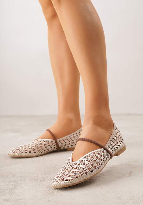 Jasnobeżowe Balerinki Mary Jane z Ażurową Cholewką Imitującą Plecionkę Timina