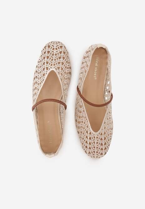 Jasnobeżowe Balerinki Mary Jane z Ażurową Cholewką Imitującą Plecionkę Timina 6