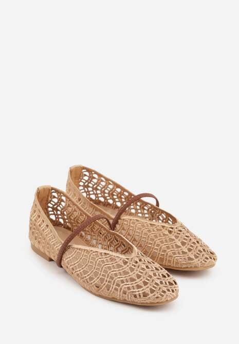 Beżowe Balerinki Mary Jane z Ażurową Cholewką Imitującą Plecionkę Timina 5
