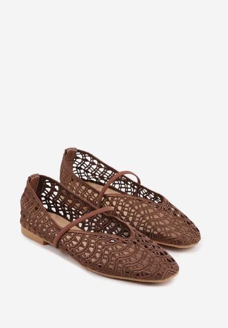 Brązowe Balerinki Mary Jane z Ażurową Cholewką Imitującą Plecionkę Timina 5