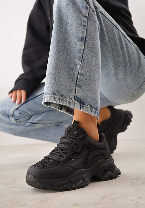 Czarne Sneakersy na Platformie Ozdobione Cyrkoniami i Koronką Antea