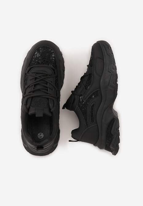Czarne Sneakersy na Platformie Ozdobione Cyrkoniami i Koronką Antea 6