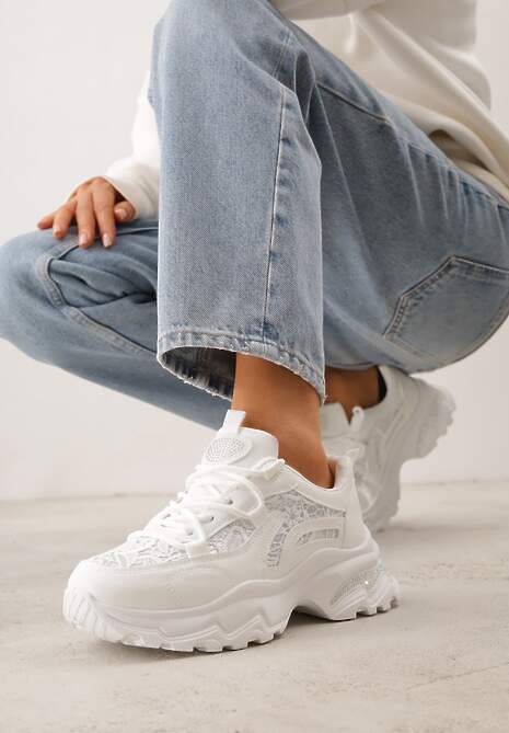 Białe Sneakersy na Platformie Ozdobione Cyrkoniami i Koronką Antea