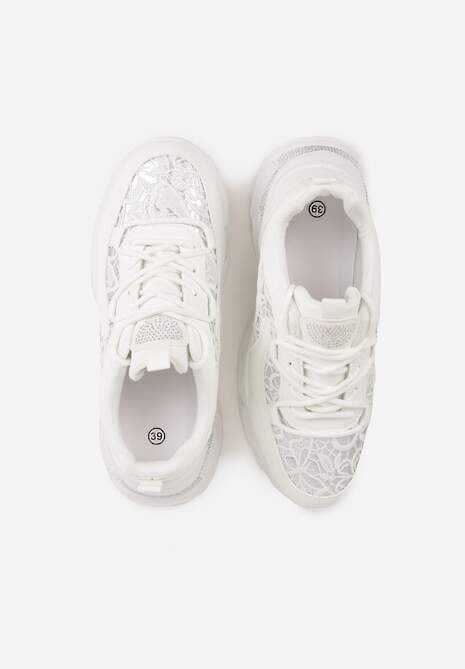 Białe Sneakersy na Platformie Ozdobione Cyrkoniami i Koronką Antea 6