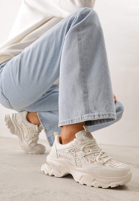 Beżowe Sneakersy na Platformie Ozdobione Cyrkoniami i Koronką Antea