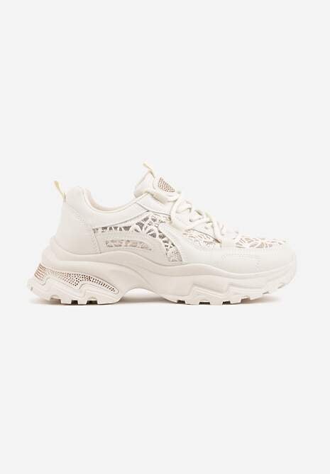 Beżowe Sneakersy na Platformie Ozdobione Cyrkoniami i Koronką Antea 4