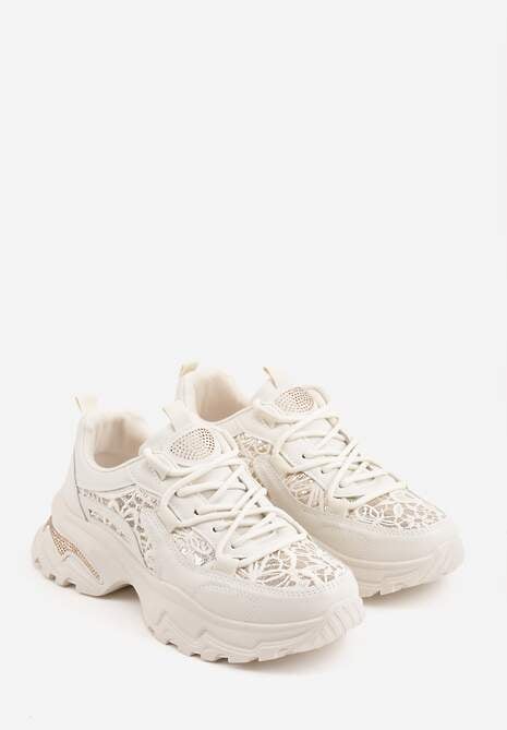 Beżowe Sneakersy na Platformie Ozdobione Cyrkoniami i Koronką Antea 5