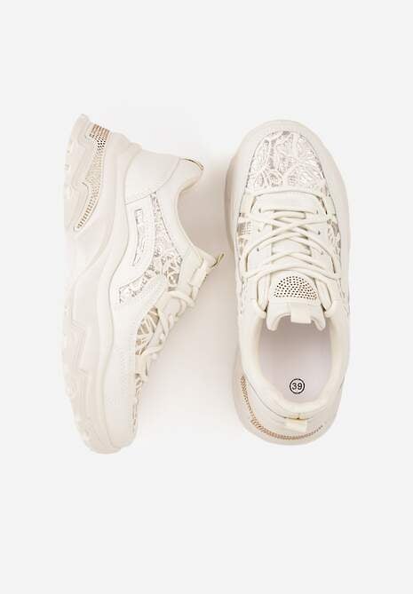 Beżowe Sneakersy na Platformie Ozdobione Cyrkoniami i Koronką Antea 6