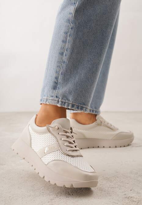 Beżowe Sneakersy na Platformie z Wkładką ze Skóry Naturalnej i Napisam Haidena