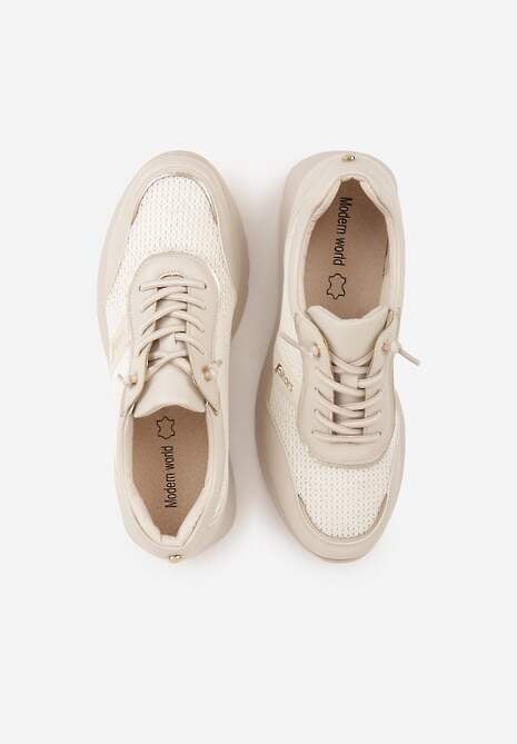 Beżowe Sneakersy na Platformie z Wkładką ze Skóry Naturalnej i Napisam Haidena 6