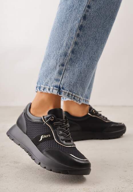 Czarne Sneakersy na Platformie z Wkładką ze Skóry Naturalnej i Napisam Haidena