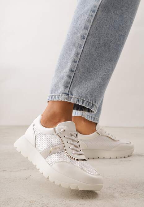 Białe Sneakersy na Platformie z Wkładką ze Skóry Naturalnej i Napisam Haidena