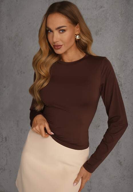 Brązowa Dopasowana Bluzka Typu Longsleeve z Bawełną Moanti 4