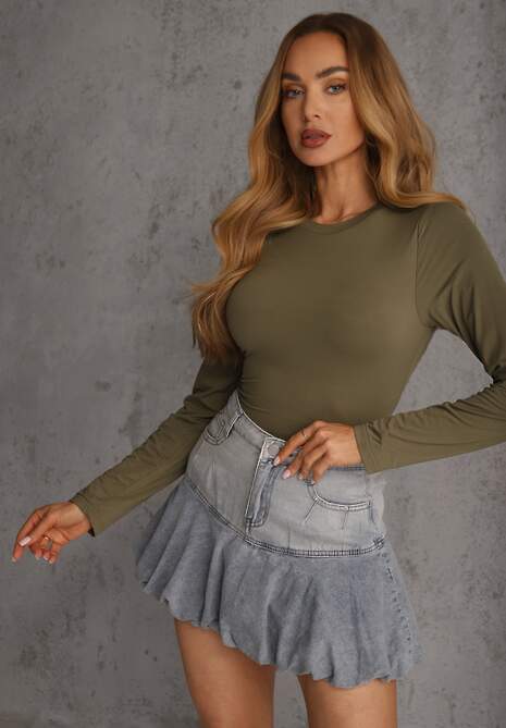 Ciemnozielona Dopasowana Bluzka Typu Longsleeve z Bawełną Moanti 4