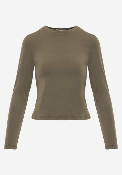 Ciemnozielona Dopasowana Bluzka Typu Longsleeve z Bawełną Moanti 6