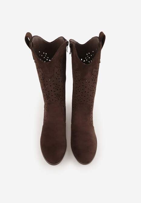 Brązowe Botki Kowbojki na Słupku z Ażurową Cholewką Ravsemi 6