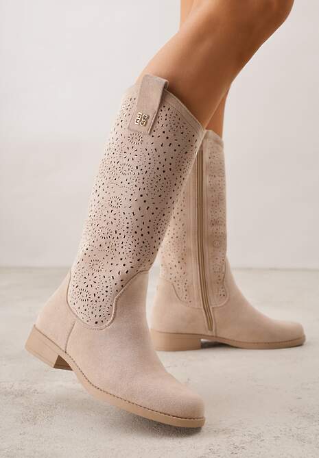 Ciemnobeżowe Ażurowe Botki z Geometryczną Ozdobą Naeraste