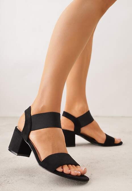 Czarne Sandały na Kwadratowym Słupku z Imitacji Zamszu Claudie