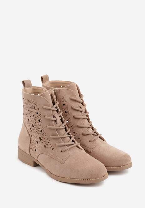 Ciemnobeżowe Ażurowe Botki ze Sznurowaną Cholewką Sephylia 5