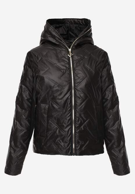 Czarna Pikowana Kurtka z Nieodpinanym Kapturem z Ozdobną Naszywką Chloreris 6