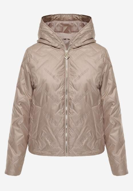 Brązowa Pikowana Kurtka z Nieodpinanym Kapturem z Ozdobną Naszywką Chloreris 6