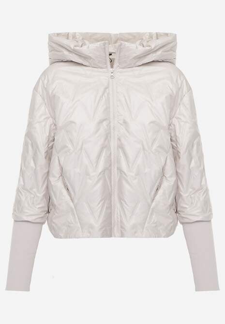 Jasnoszara Pikowana Kurtka z Kapturem z Materiałem na Rękawach Grigoria 6
