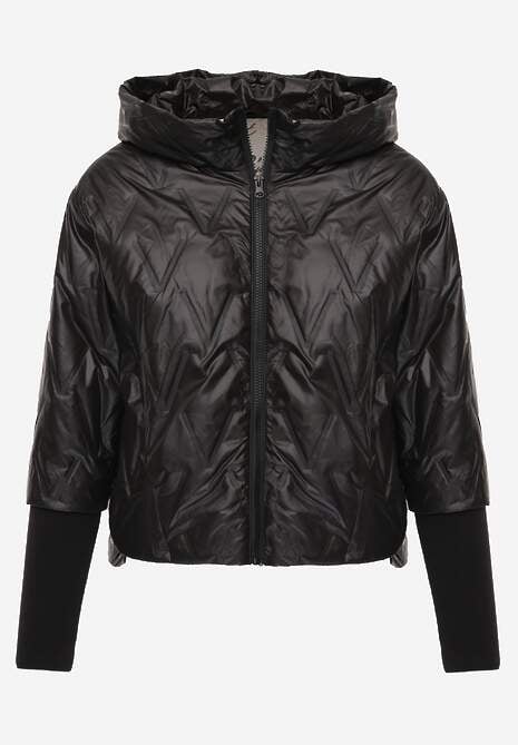 Czarna Pikowana Kurtka z Kapturem z Materiałem na Rękawach Grigoria 6