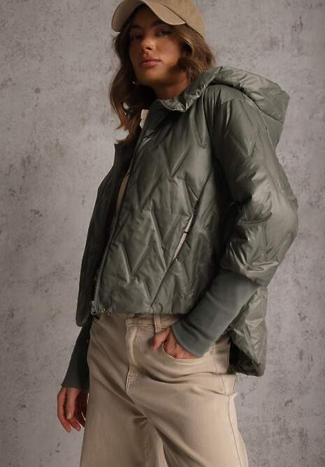 Zielona Pikowana Kurtka z Kapturem z Materiałem na Rękawach Grigoria