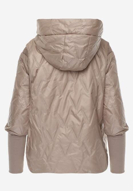 Brązowa Pikowana Kurtka z Kapturem z Materiałem na Rękawach Grigoria 7