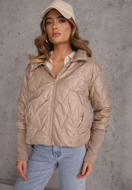 Brązowa Pikowana Kurtka z Kapturem z Materiałem na Rękawach Grigoria