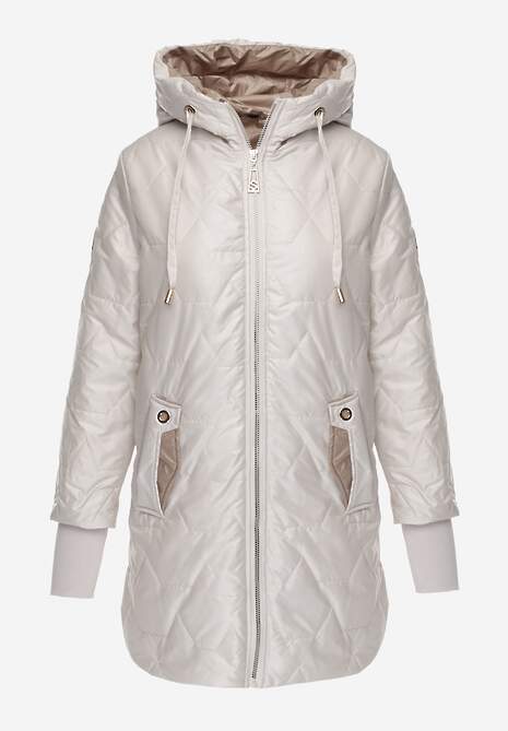 Jasnoszara Przejściowa Kurtka z Kapturem Pikowanymi Przeszyciami i Suwakami Kave 6