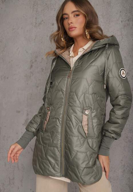 Zielona Przejściowa Kurtka z Kapturem Pikowanymi Przeszyciami i Suwakami Kave 4