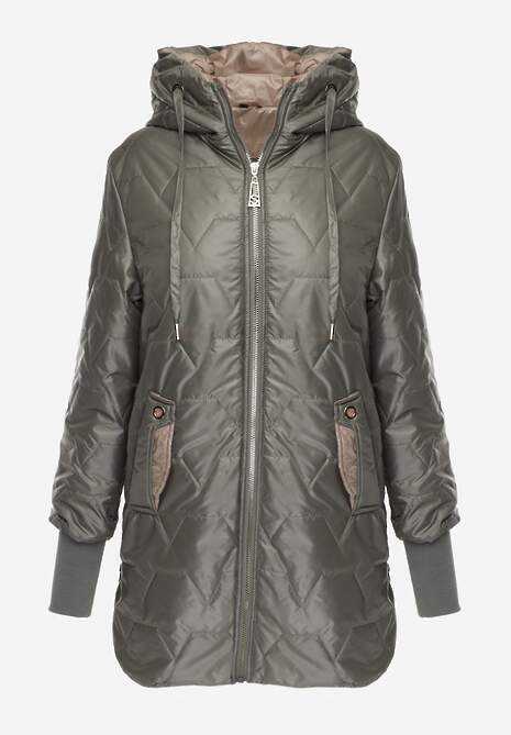 Zielona Przejściowa Kurtka z Kapturem Pikowanymi Przeszyciami i Suwakami Kave 6