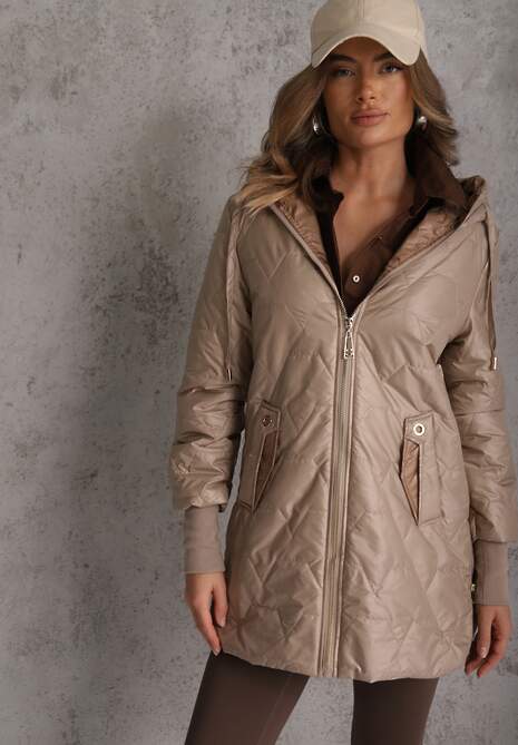 Brązowa Przejściowa Kurtka z Kapturem Pikowanymi Przeszyciami i Suwakami Kave 4