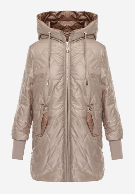 Brązowa Przejściowa Kurtka z Kapturem Pikowanymi Przeszyciami i Suwakami Kave 6
