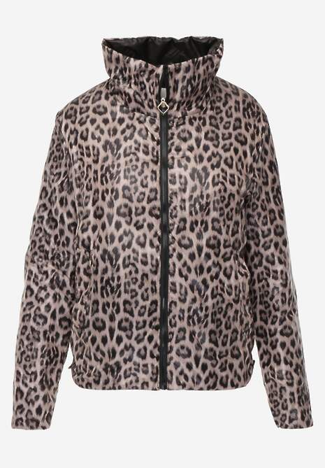 Czarna Pikowana Kurtka Dwustronna z Motywem Panterki i Naszywką Damike 6