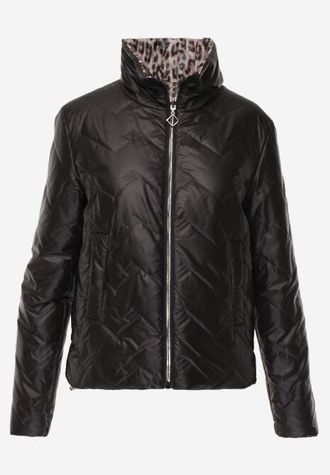 Czarna Pikowana Kurtka Dwustronna z Motywem Panterki i Naszywką Damike 6