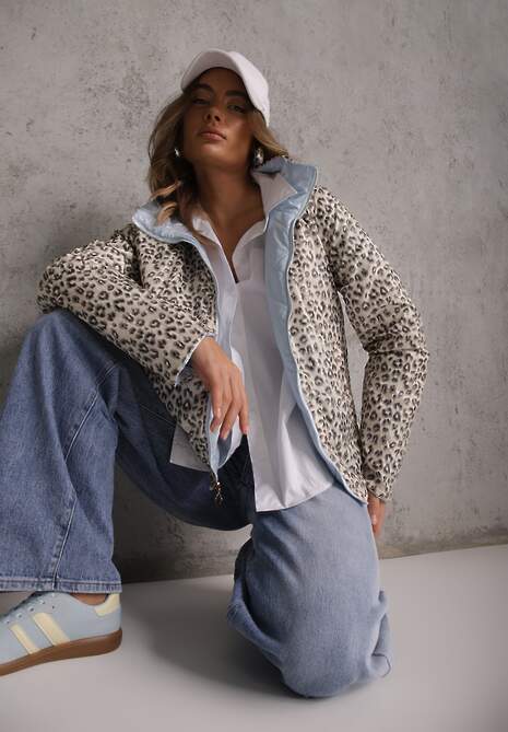 Jasnoniebieska Pikowana Kurtka Dwustronna z Motywem Panterki i Naszywką Damike