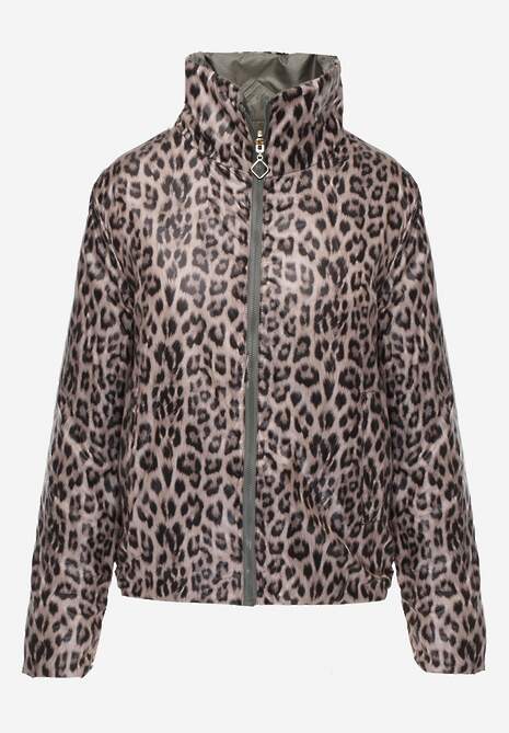 Zielona Pikowana Kurtka Dwustronna z Motywem Panterki i Naszywką Damike 6